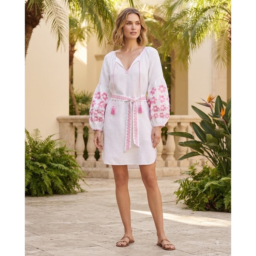 Benaras by Citrus White Linen Floral Embroidered Tassel Belted Tunic Dress